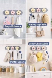 Çiçek Tasarımlı Duvar Askısı, 3’lü Metal Kanca Seti, Dekoratif Renkli Kapı ve Duvar Askısı, Mutfak, Banyo, Yatak Odası Için Organizer Askı,