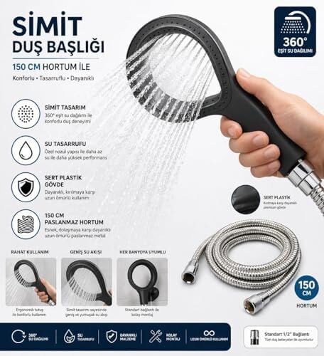 Simit Duş Başlığı Sert Plastik, 150 cm Paslanmaz Çelik Hortumlu El Duşu, Yüksek Basınçlı Su Tasarruflu Duş Seti, Ergonomik Tutma Saplı Banyo Duş Başlığı