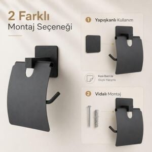 Kare Kapaklı Tuvalet Kağıtlığı Siyah, Yapışkanlı ve Vidalı Montajlı Metal Wc Kağıtlık, Modern Banyo Tuvalet Kağıdı Askısı