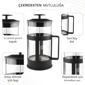 Kanji 350 ml Cam French Press – Isıya Dayanıklı Cam, Paslanmaz Çelik Filtreli, Siyah Renkli Kahve ve Bitki Çayı Demliği