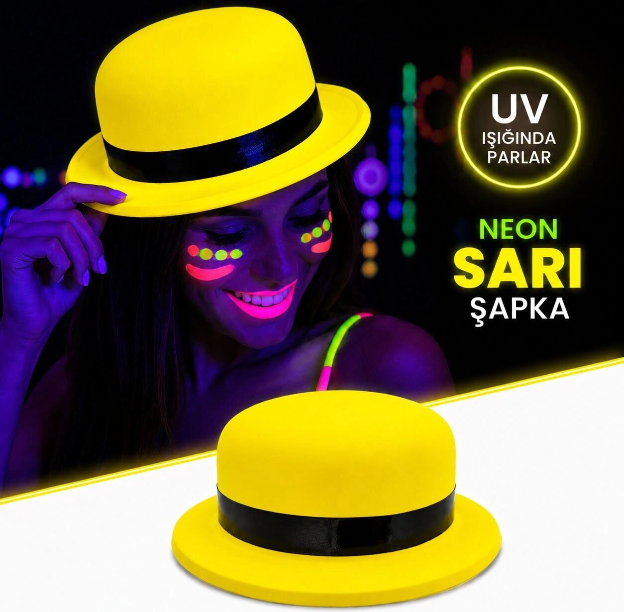 Neon Sarı Uv Parti Şapkası Plastik