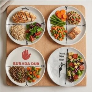 4'lü Seramik Tabak Seti, Porsiyon Kontrol Tasarımlı, Protein ve Sebze Bölmeli, Diyet Dostu