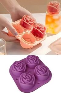 Silikon Gül Şekilli 4 Bölmeli Buz Kalıbı, Jöle ve Sunum Için