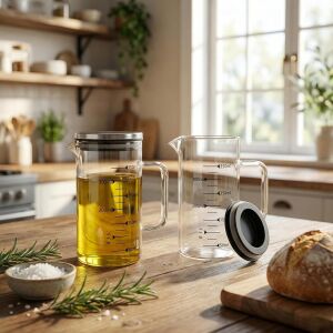 2'li Set Paslanmaz Çelik Kapaklı Borosilikat Cam Yağdanlık ve Ölçü Kabı - 350ML - Isıya Dayanıklı Damlatmaz Sosluk, Sütlük ve Mutfak Hazırlık Sürahisi - Şeffaf Modern Tasarım