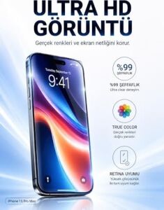 iPhone 16 Pro Uyumlu 9h Kırılmaz Cam Ekran Koruyucu, 9h Sertlik, Tempered Glass, Şeffaf, Parlak Yüzey