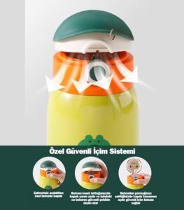 Cocosmile 470ML Sevimli Ses Çıkaran Kılıflı Pipetli Askılı Çelik Termos Çocuk Matarası