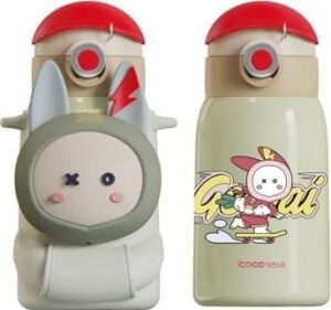 Cocosmile 470ML Sevimli Ses Çıkaran Kılıflı Pipetli Askılı Çelik Termos Çocuk Matarası