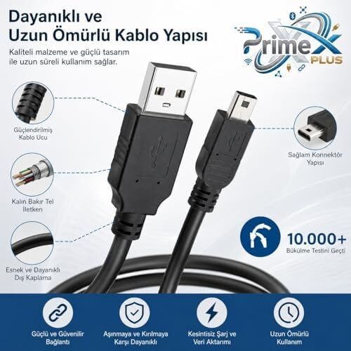 PX-5P15 1.5 Metre 5 Pin USB Kablo, Mini USB Kablo, USB Am/mini 5pin Kablo, Ps3 Kol Şarj Kablosu
