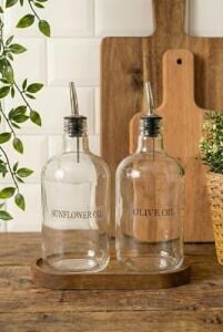 2'li Ahşap Stantlı Çeliktıpalı 750 ml Cam Ayçiçek Yağı Zeytinyağı Şişesi Yağdanlık Vintage  (Sat) (Froldesat)