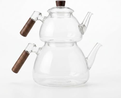 1800 ml + 550 ml Akasya Cam Çaydanlık Takımı - Ahşap Kulplu, Isıya Dayanıklı Borosilikat Şeffaf Çaydanlık, Yaylı Süzgeçli Şık Lüks Tasarım