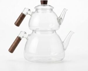 1800 ml + 550 ml Akasya Cam Çaydanlık Takımı - Ahşap Kulplu, Isıya Dayanıklı Borosilikat Şeffaf Çaydanlık, Yaylı Süzgeçli Şık Lüks Tasarım