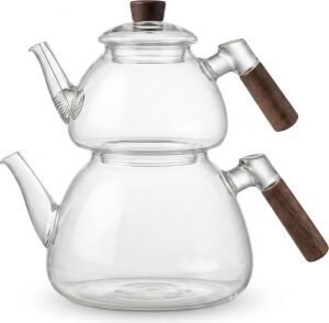1800 ml + 550 ml Akasya Cam Çaydanlık Takımı - Ahşap Kulplu, Isıya Dayanıklı Borosilikat Şeffaf Çaydanlık, Yaylı Süzgeçli Şık Lüks Tasarım