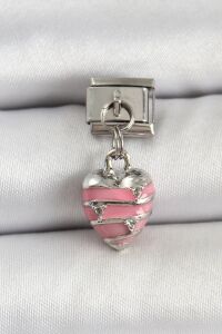 316L Çelik Gümüş Renk Pembe Kalp Model Nomination Charm