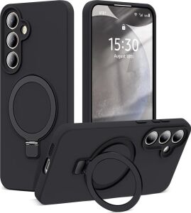 -  Galaxy S26 ile Uyumlu Içi Kadife Stand Olabilen Halka Yüzüklü Şık Kılıf - Siyah