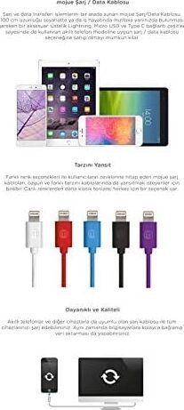 Mojue 3DK34 Lightning Şarj Kablosu, 1 Metre,mor