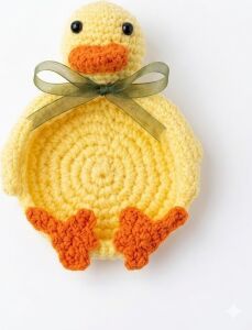 Sarı Ördek Amigurumi El Örgüsü Bardak Altlığı - Çok Amaçlı Dekoratif Takı ve Anahtar Tabağı - El Yapımı Örgü Figürlü Coaster