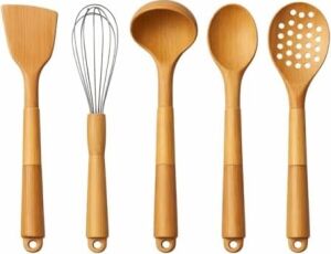 Silikon Mutfak Pişirme Gereçleri Seti, 5 Parça Yapışmaz Mutfak Gereçleri Seti Ahşap Saplı Spatula Seti Isıya Dayanıklı Silikon Tencere Mutfak Gereçleri (Açık Kahverengi)