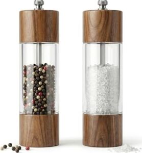 Akasya Ahşap Detaylı Akrilik Tuz ve Karabiber Öğütücü - Paslanmaz Metal ve Porselen Mekanizmalı Şeffaf Baharat Değirmeni (15 Cm, 1 Adet)