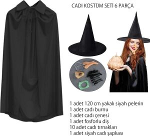 Cadı Kostüm Seti 6 Parça - Şapka Pelerin Diş Tırnaklar Çene ve Burun