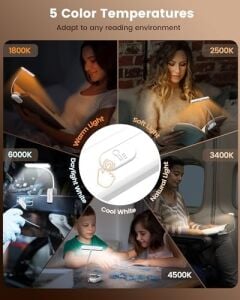 Glocusent Okuma Lambası, Kitap Kıskacı, 26 Led, 5 Renk Sıcaklığı ve Kademesiz Parlaklık, 1200 Mah Pil, 90 Adet Usb-C Şarj Edilebilir Okuma Işığı, Yatakta Gece Okumak Için 360° Esnek (Açık Beyaz)