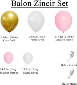 Krom Gold, Pastel Beyaz ve Makaron Pembe Temalı Balon Seti