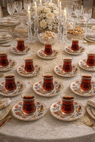 12’li Yaldızlı Osmanlı Motif Porselen Çay Tabağı – Desenli Çay Tabak