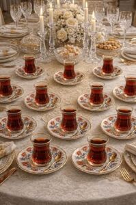 12’li Yaldızlı Osmanlı Motif Porselen Çay Tabağı – Desenli Çay Tabak