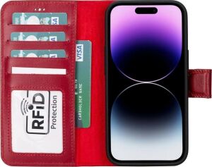 Apple iPhone 15 Uyumlu Deri Cüzdanlı Kılıf Mwwn V4EF Kırmızı