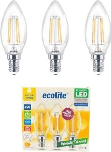 4W LED Filament Mum Ampul, E14 Duy, 2700K Sarı Işık, 470 Lümen, Şeffaf Cam, Akkor Görünümlü Dekoratif Lamba, 3'lü Paket
