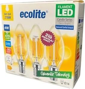 4W LED Filament Mum Ampul, E14 Duy, 2700K Sarı Işık, 470 Lümen, Şeffaf Cam, Akkor Görünümlü Dekoratif Lamba, 3'lü Paket