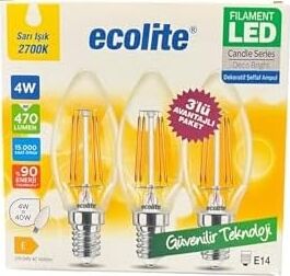 4W LED Filament Mum Ampul, E14 Duy, 2700K Sarı Işık, 470 Lümen, Şeffaf Cam, Akkor Görünümlü Dekoratif Lamba, 3'lü Paket