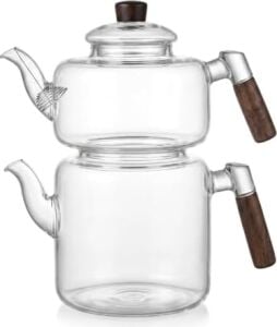 Akasya Cam Çaydanlık Takımı 1800 ml + 950 ml - Ahşap Kulplu Isıya Dayanıklı Borosilikat Şeffaf Çaydanlık
