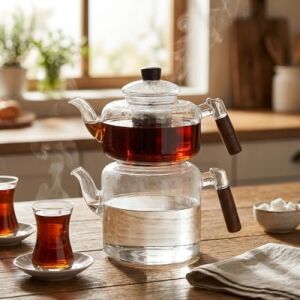 Akasya Cam Çaydanlık Takımı 1800 ml + 950 ml - Ahşap Kulplu Isıya Dayanıklı Borosilikat Şeffaf Çaydanlık