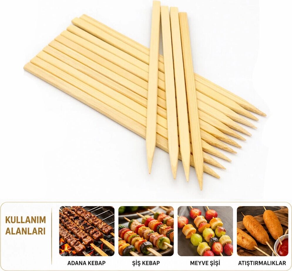 60 Adet Ahşap Geniş Çöp Şiş - Adana Kebap Şişi - 25 cm