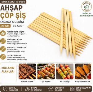60 Adet Ahşap Geniş Çöp Şiş - Adana Kebap Şişi - 25 cm