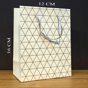Beyaz Geometrik Desenli Mini Boy Karton Hediye Çantası