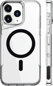 iPhone 16 Pro Max Ile Uyumlu Mag Safe Özellikli Ultra Kristal Kenarları Yumuşak Arkası Sert Tam Koruyuculu Silikon Kılıf (Şeffaf/siyah, 6.9 Inç)