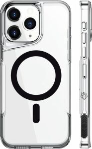iPhone 16 Pro Max Ile Uyumlu Mag Safe Özellikli Ultra Kristal Kenarları Yumuşak Arkası Sert Tam Koruyuculu Silikon Kılıf (Şeffaf/siyah, 6.9 Inç)