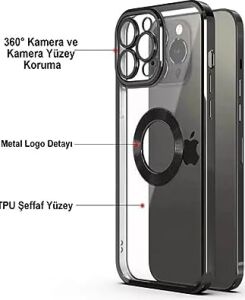 & Aksesuar iPhone 15 Plus ile Uyumlu Laser Şeffaf Parlak Arka Yüzey ve Logo Detaylı Kenarları Silikon Yapıya Sahip Lens Koruyuculu Kılıf (Siyah)