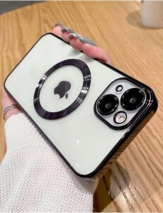 & Aksesuar iPhone 15 Plus ile Uyumlu Laser Şeffaf Parlak Arka Yüzey ve Logo Detaylı Kenarları Silikon Yapıya Sahip Lens Koruyuculu Kılıf (Siyah)