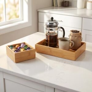 2'li Çok Amaçlı Bambu Organizer Set - Büyük ve Küçük Boy Banyo, Mutfak ve Ofis Düzenleyici Kutu - Ahşap Dekoratif Saklama Seti (33X16X12 cm & 15X15X6 Cm)