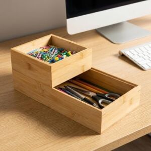 2'li Çok Amaçlı Bambu Organizer Set - Büyük ve Küçük Boy Banyo, Mutfak ve Ofis Düzenleyici Kutu - Ahşap Dekoratif Saklama Seti (33X16X12 cm & 15X15X6 Cm)