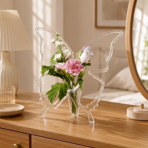 Mini Kelebek Vazo Şeffaf Plastik Akrilik Vazo, 20X19 cm Dekoratif Çiçeklik, Masa Üstü Salon Yatak Odası Ofis Süs Vazosu, Modern Kelebek Tasarımlı Şeffaf Çiçek Vazoluğu