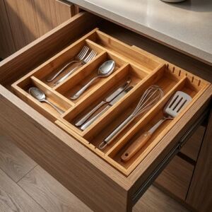 Ayarlanabilir Bambu Kaşıklık ve Çekmece Içi Organizer - 5-7 Bölmeli Genişleyebilir Çatal Bıçak Düzenleyici (39.4 x 24 x 6.4 Cm)