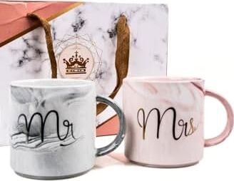 Lüks Mermer Desenli Mr & Mrs 2'li Porselen Kupa Seti – 400 Ml, Hediyelik Kutulu,çok Renkli