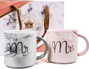 Lüks Mermer Desenli Mr & Mrs 2'li Porselen Kupa Seti – 400 Ml, Hediyelik Kutulu,çok Renkli