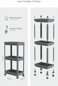 3 Katlı Tekerlekli Raf Ünitesi - Banyo & Mutfak Organizer - Çok Amaçlı Servis Sehpası - Dar Alanlar Için Pratik Saklama Çözümü (Beyazz)
