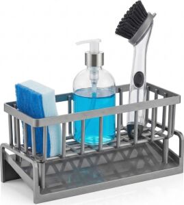 Lavabo Organizeri Tezgah Üstü Abs Plastik Mutfak Organizer Banyo Düzenleyici Evye Üstü Süngerlik Sabunluk Organizer Su Hazneli Gri Raf (Metalik Gri)