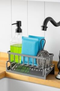 Lavabo Organizeri Tezgah Üstü Abs Plastik Mutfak Organizer Banyo Düzenleyici Evye Üstü Süngerlik Sabunluk Organizer Su Hazneli Gri Raf (Metalik Gri)