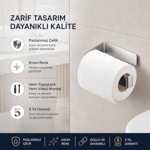 Paslanmaz Çelik Lamalı Tuvalet Kağıtlığı, Krom Renk Wc Kağıt Askılığı, Hem Yapışkanlı Hem Vidalı Montajlı, Açık Uç Tasarımlı Banyo Kağıtlık, 5 Yıl Garantili